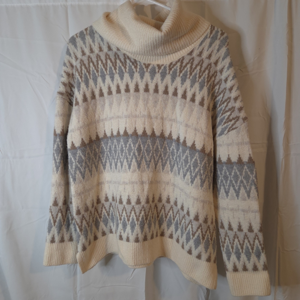 London Kaye Nordic Pattern Cowl Neck Cotton Blend Sweater - Cream Grey Size L